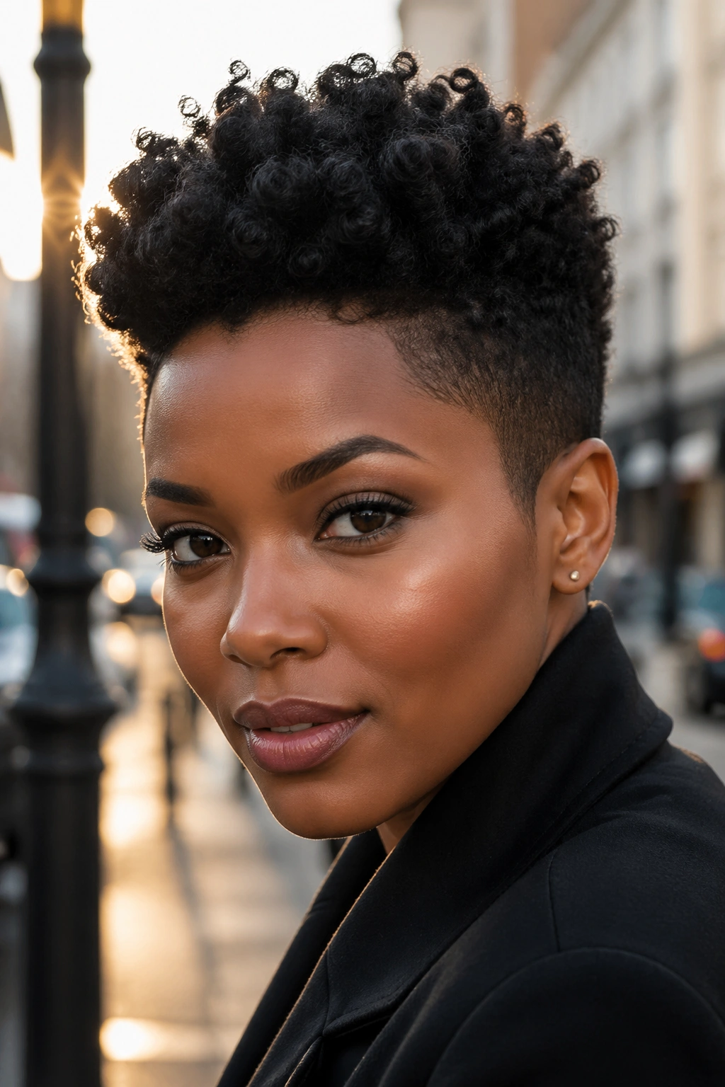 Close-up portrait of a woman with an Afro Pixie cut