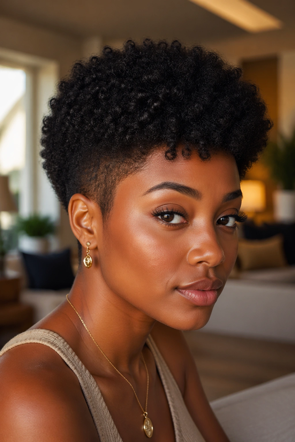 Close-up of real person with natural Afro pixie undercut.