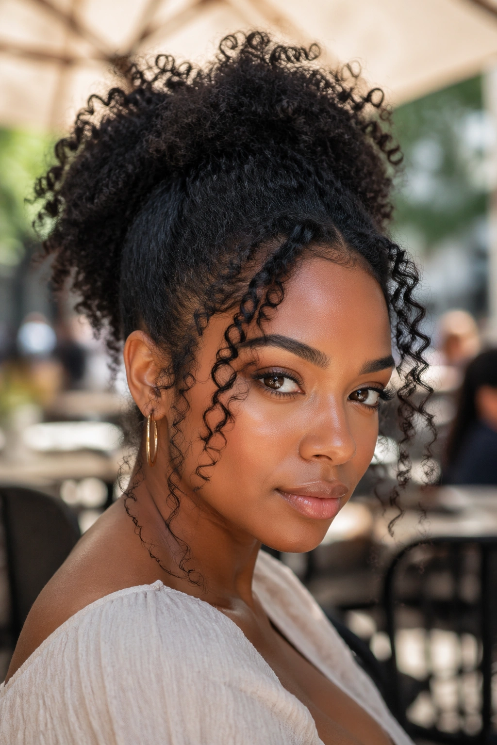 Close-up of a real person with a high afro pony and face-framing tendrils