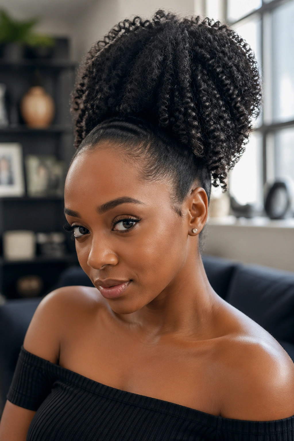 Close-up of a woman with a high crochet afro ponytail