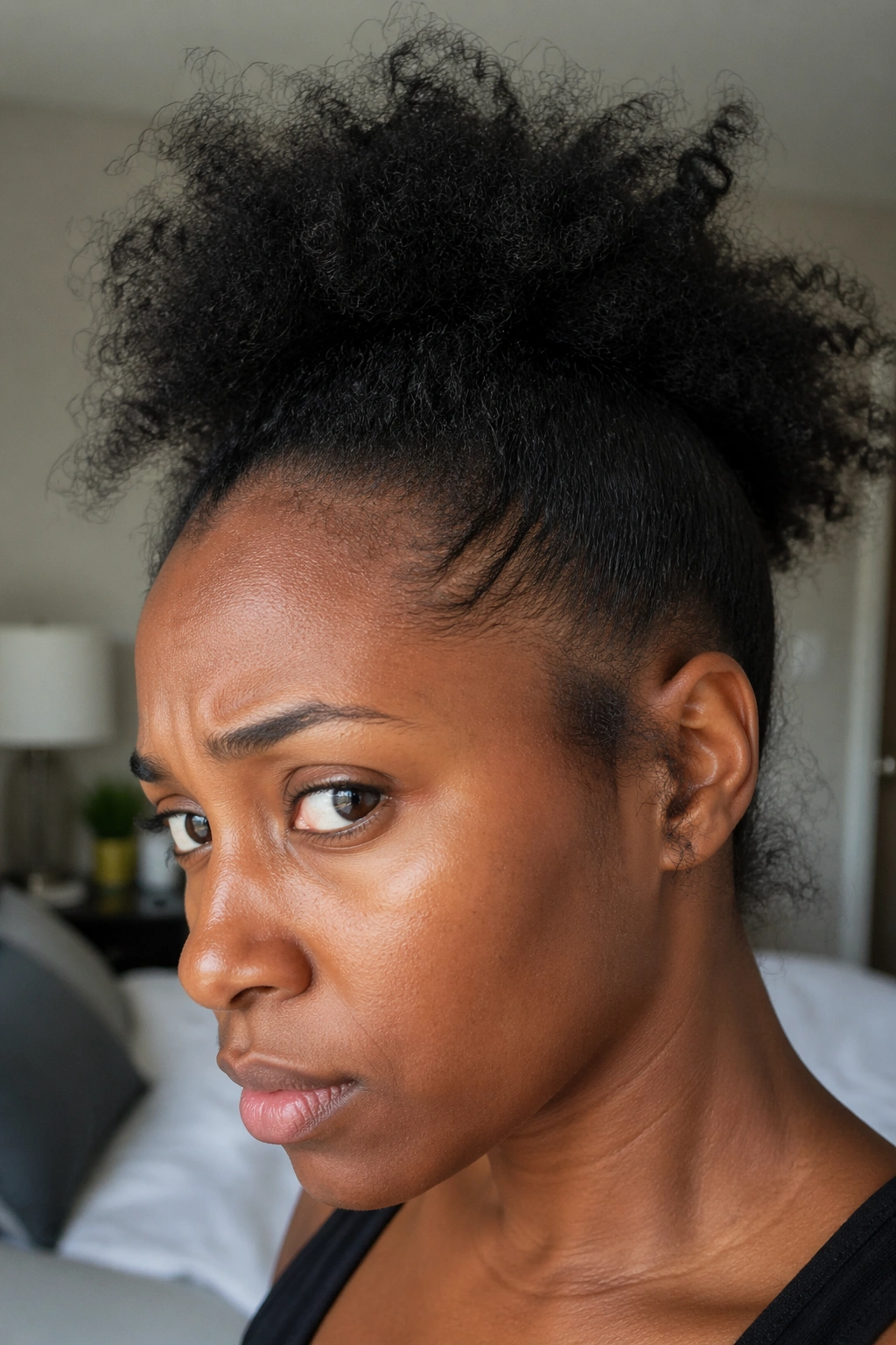 Close-up of a Black woman's afro ponytail showing frizz and hairline tension in morning bedroom light