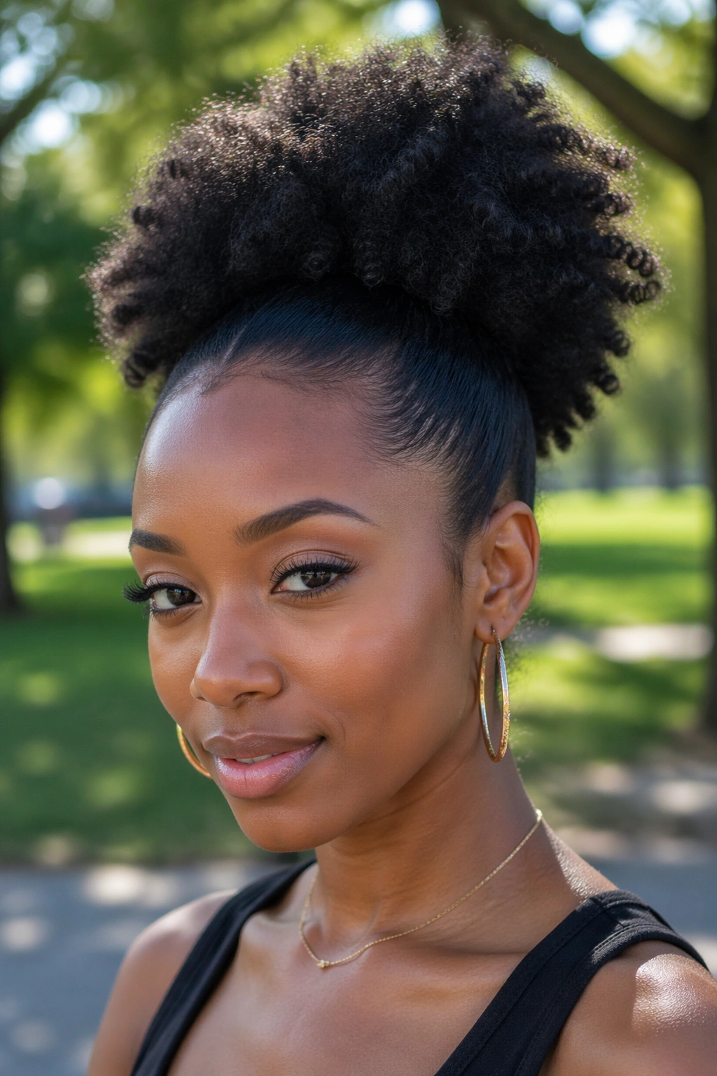Portrait of a woman with a high afro ponytail in a sunlit park.