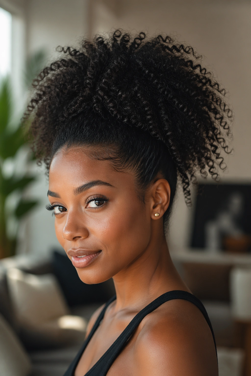 Close-up portrait of a real woman with an Afro ponytail showing defined curls in natural light.