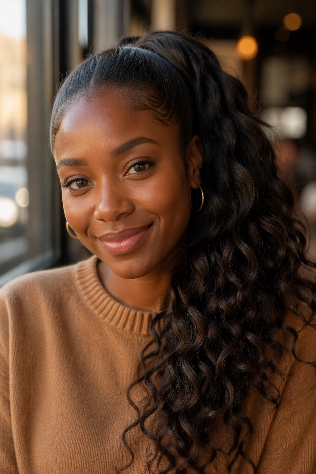 Close-up of a real woman with a side-swept ponytail over her shoulder in warm cafe light