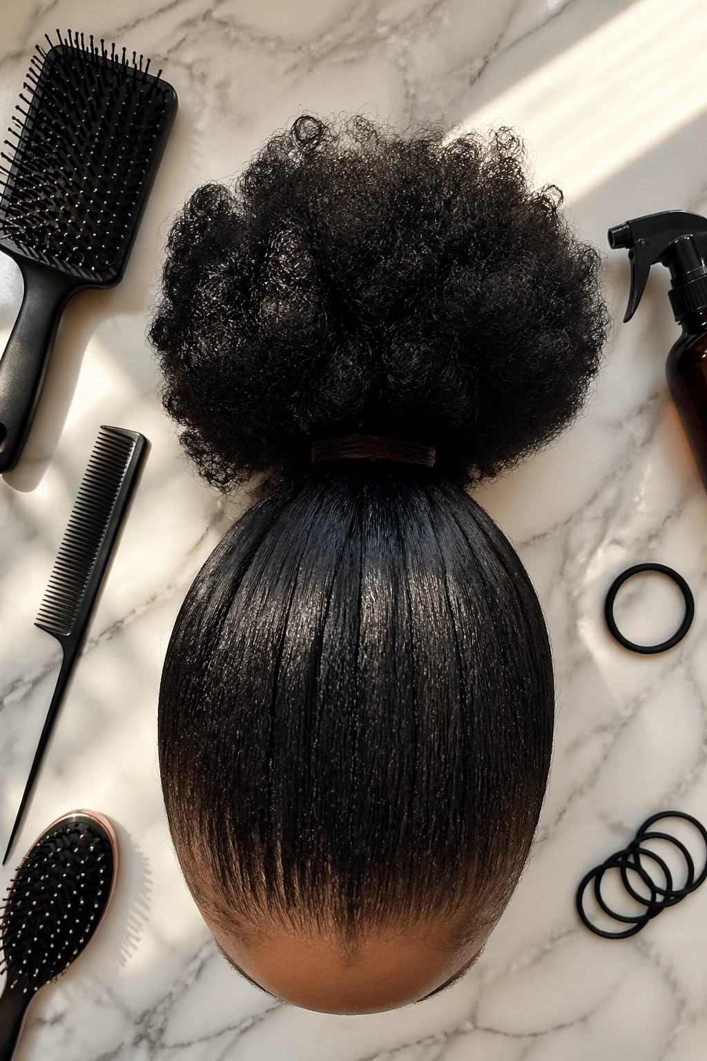 Overhead flat-lay of Afro Ponytail with stretched roots and styling tools.