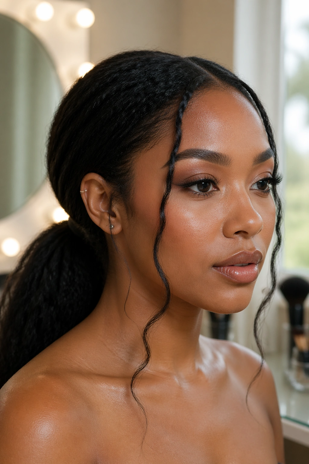 Close-up of face-framing tendrils in a low ponytail.