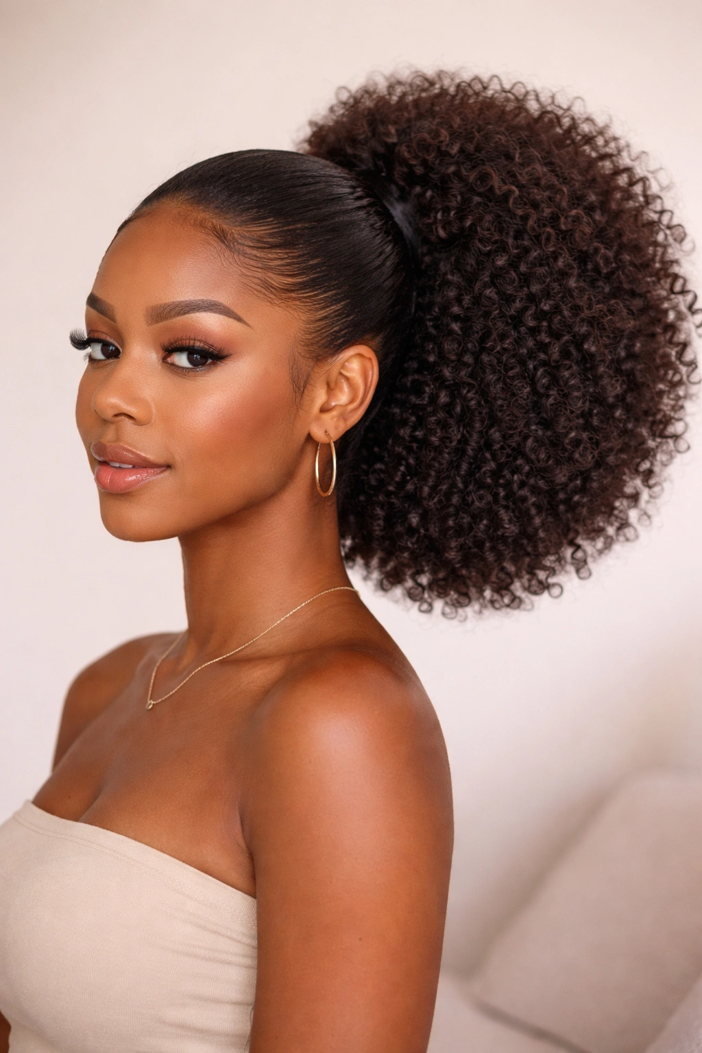 Mid-pony with a large defined Afro at the back.