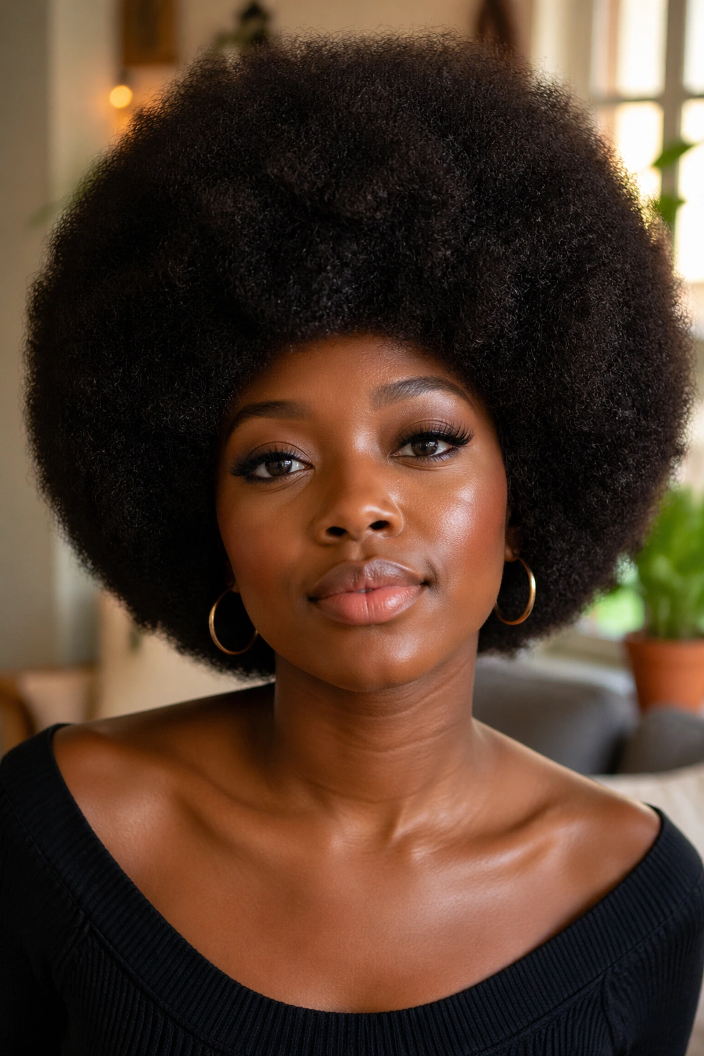 Close-up portrait of a real woman with a rounded afro silhouette in a cozy living room