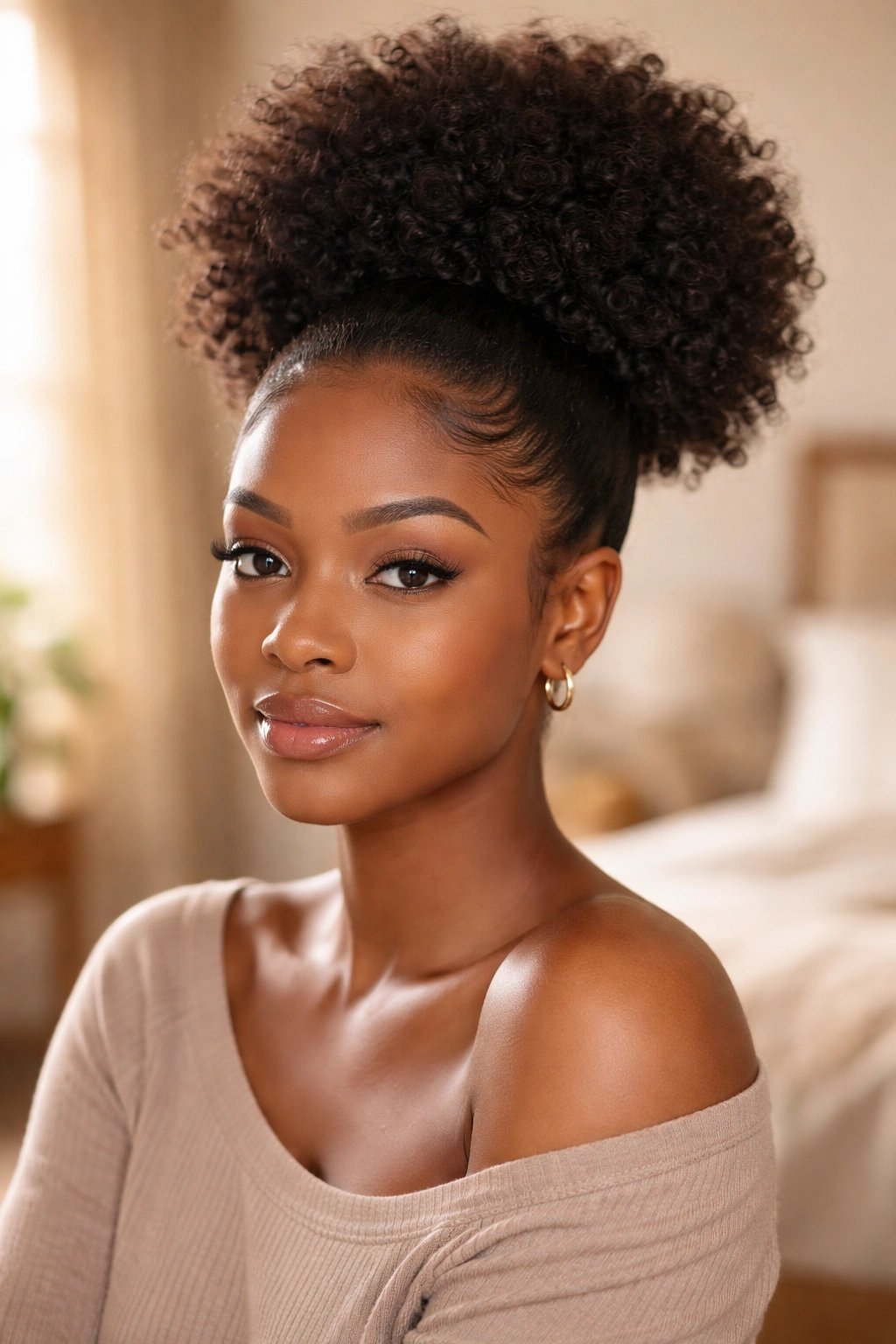 Close-up of real person with a full rounded Afro Puff on 4C hair
