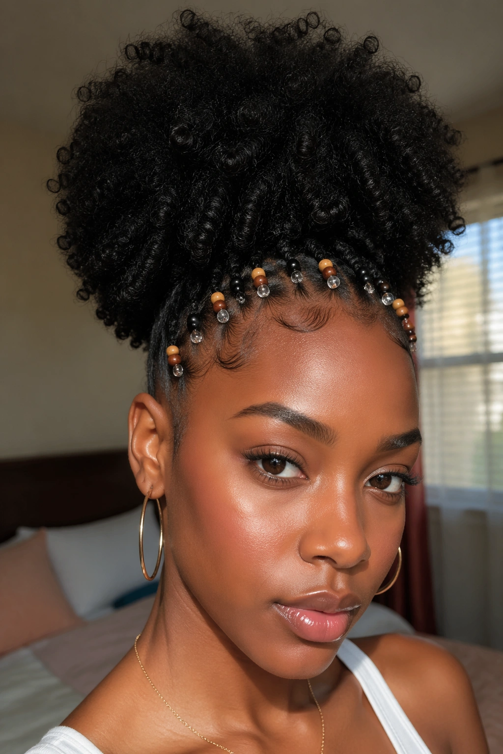 Close-up of a real woman with an Afro Puff and beaded hairline under warm window light.