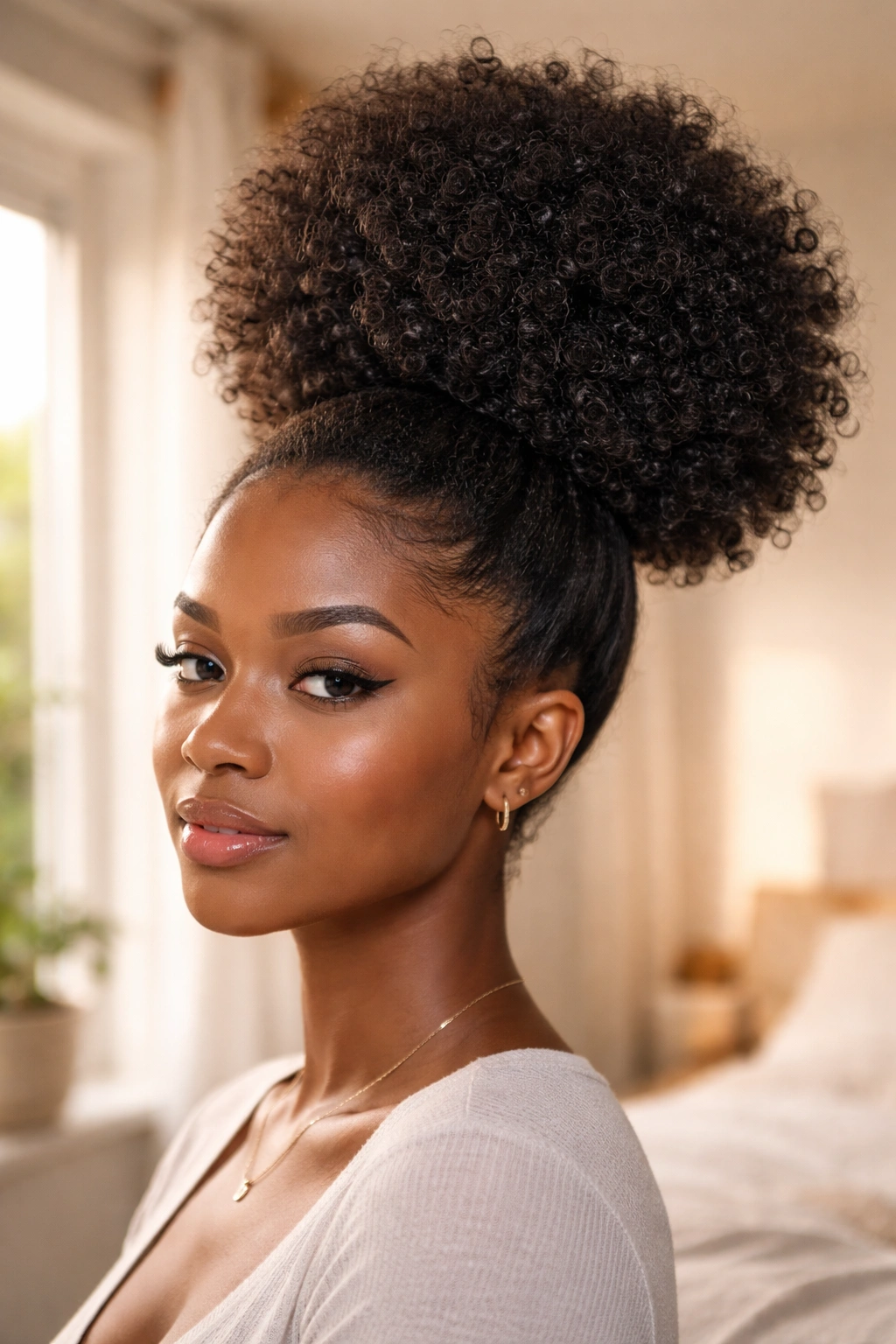 Close-up of a real woman with a large spherical afro puff bun and 4c curls.