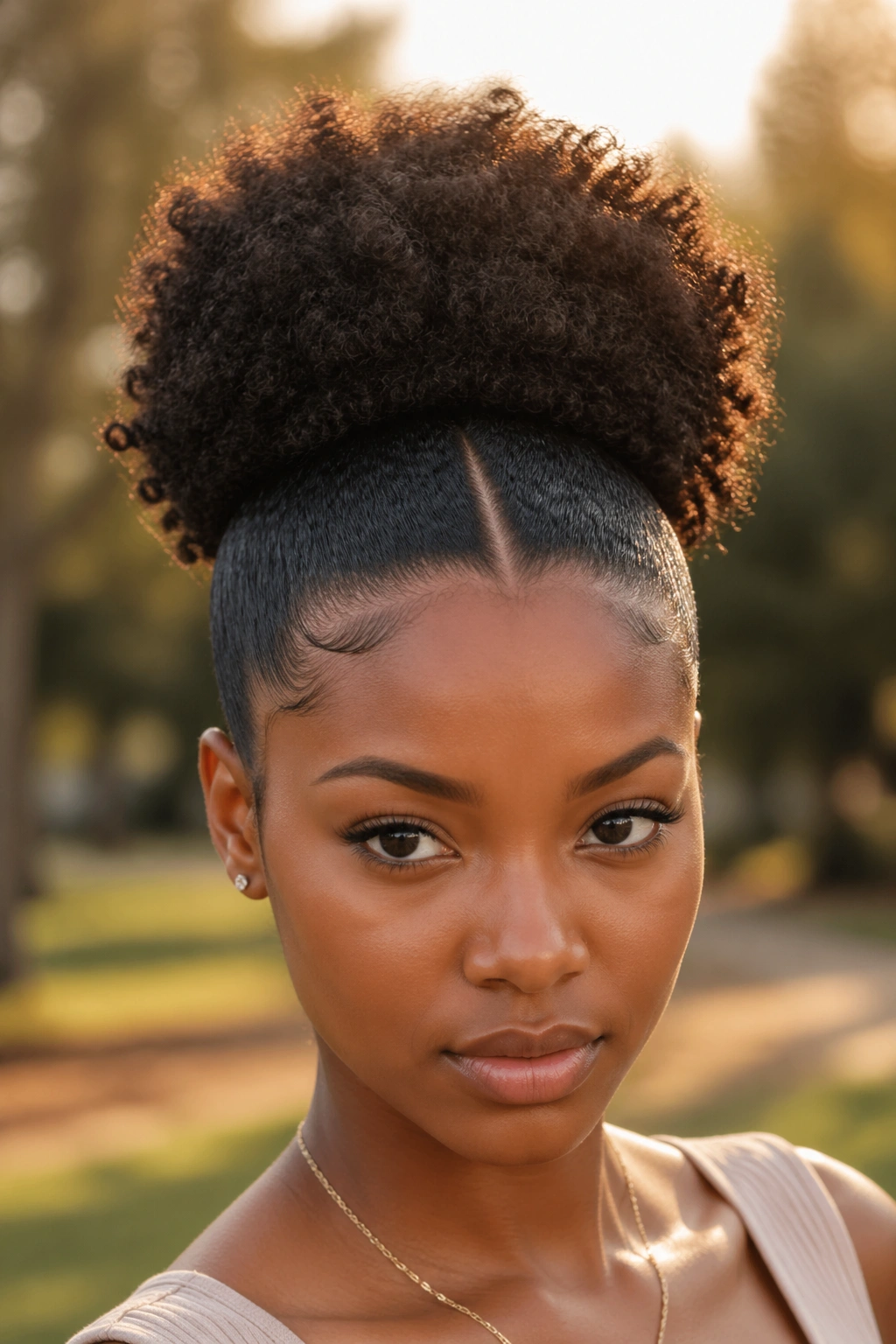 Real Black woman with Afro Puff Ponytail centered by a center part in natural sun.