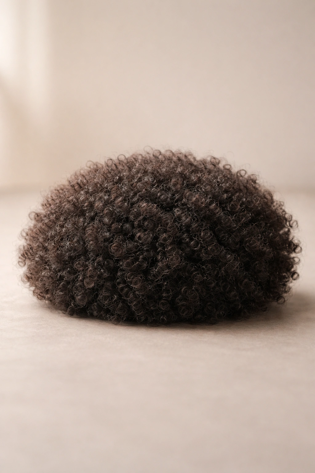 Dome-shaped afro puff clip-in with rounded silhouette on neutral background