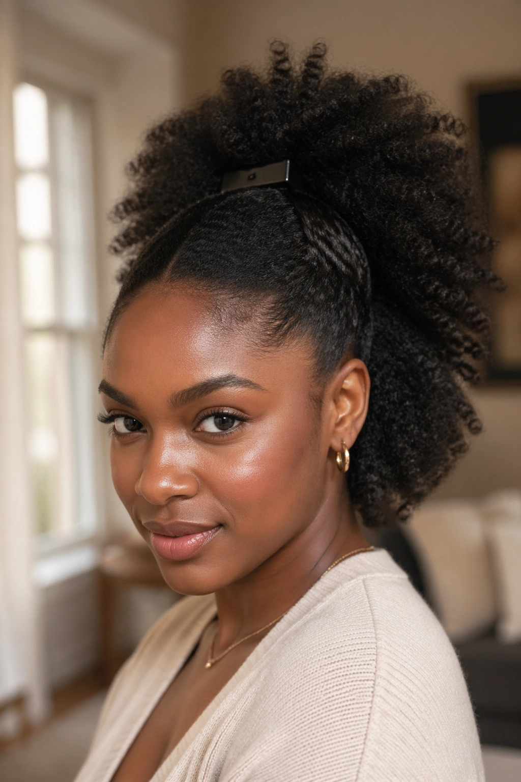 Clipped-back Afro Puff Half Ponytail on a real Black woman.