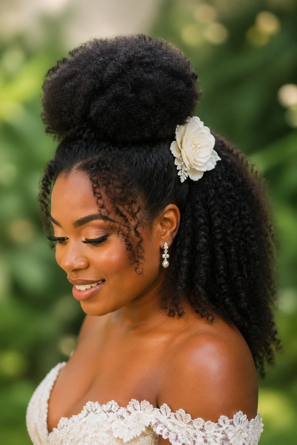 Real bride with Afro puff crown and loose curls