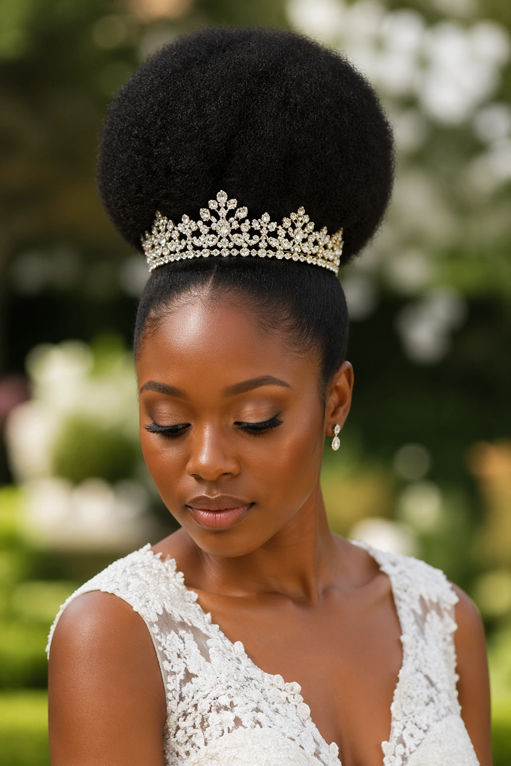 Close-up of a real bride with Sculpted Afro Puff and Bridal Crown in a garden setting.