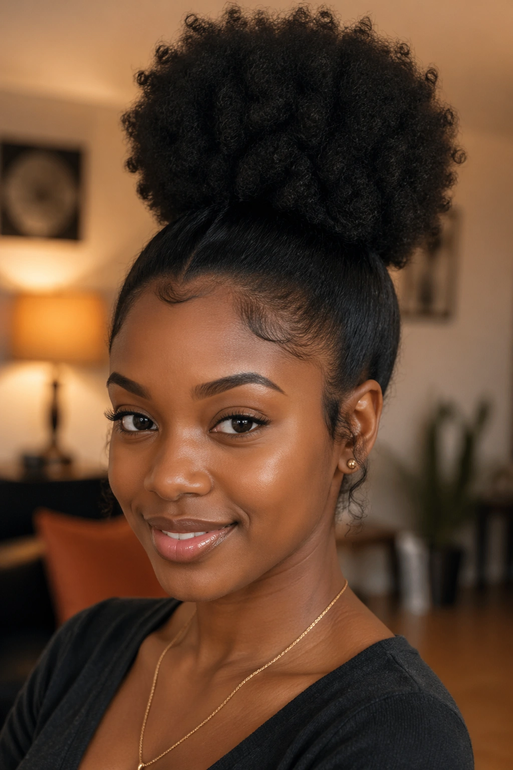 Close-up of stretchy Afro puff bun with crown lift on a real woman