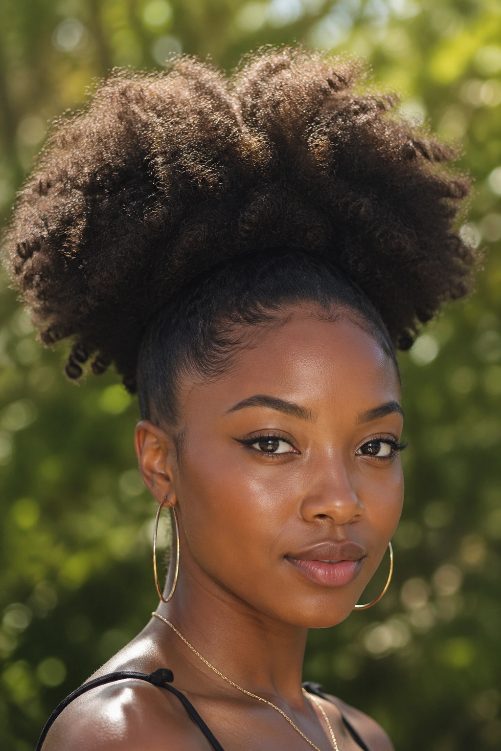 Close-up portrait of a real Black woman with a large Afro Puff crown