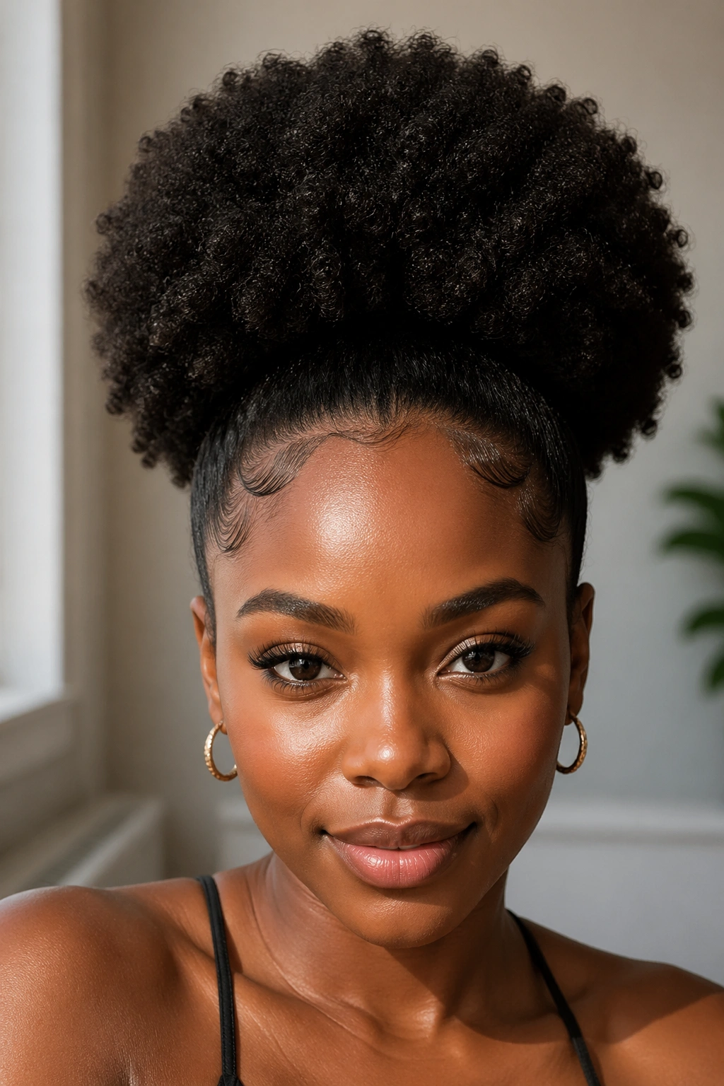Close-up of a real woman with an Afro Puff and defined edges