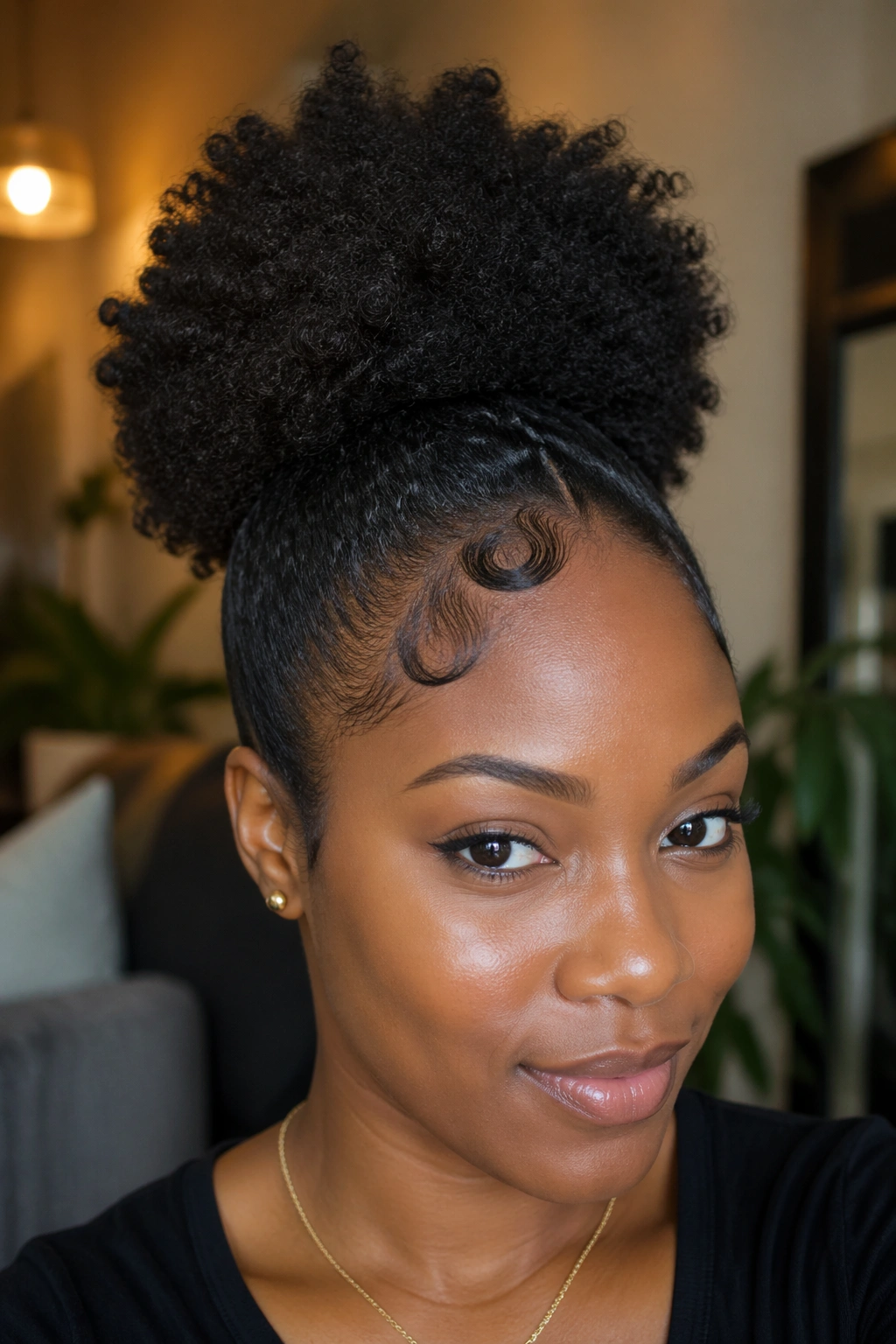 Close-up of a real person with a defined afro puff and a front swirl hairstyle