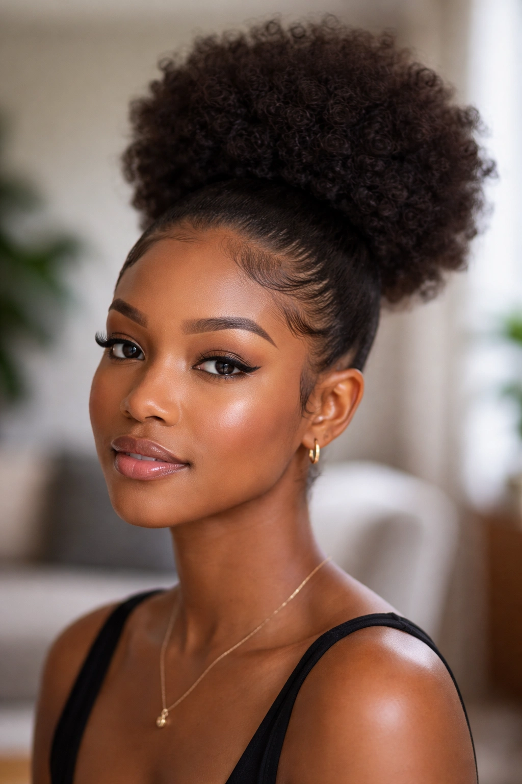 Real woman with afro puff and curved edge swoops along hairline