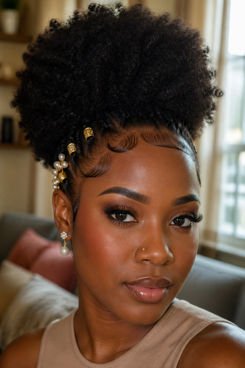 Close-up of a real woman with an Afro puff and embellished edges with gold cuffs