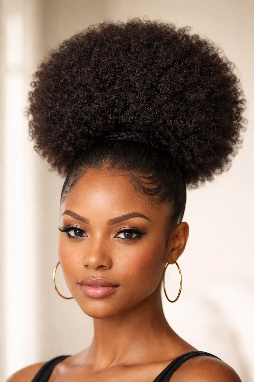 Afro puff extension atop a small bun with round kinky texture