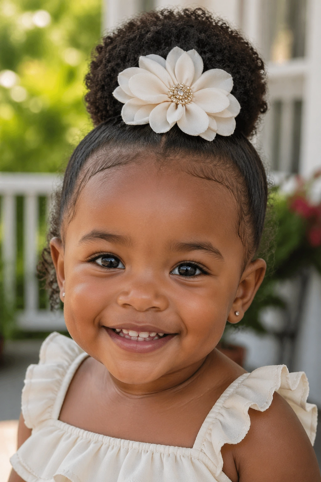 Toddler with an afro puff and fabric flower clip