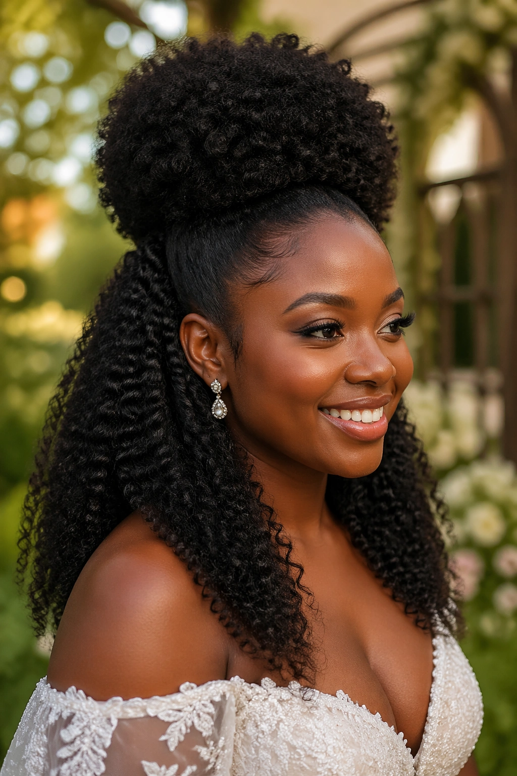 Real bride with round Afro Puff half up in garden wedding setting