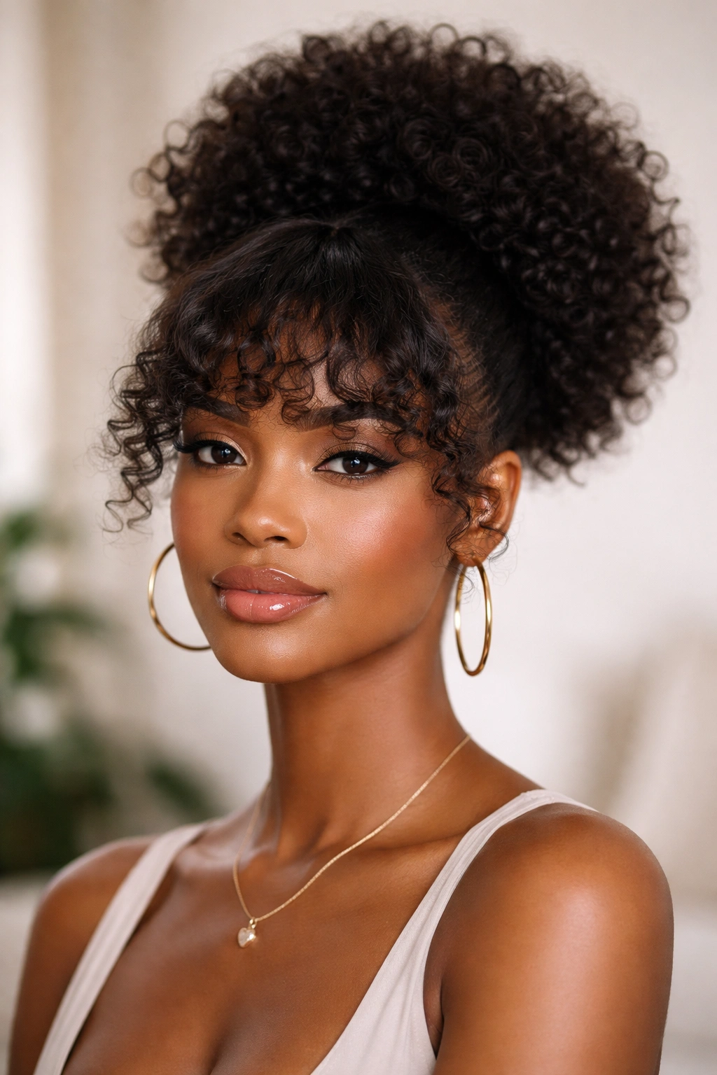 Black woman with an afro puff ponytail and halo bangs across the forehead