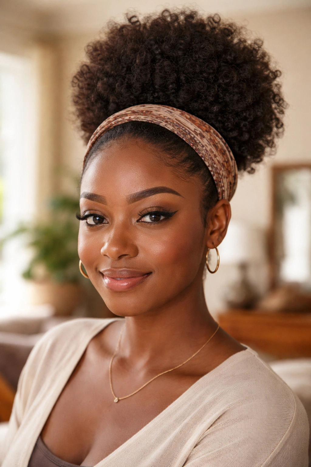 Close-up of a woman with a puff updo and headband in front