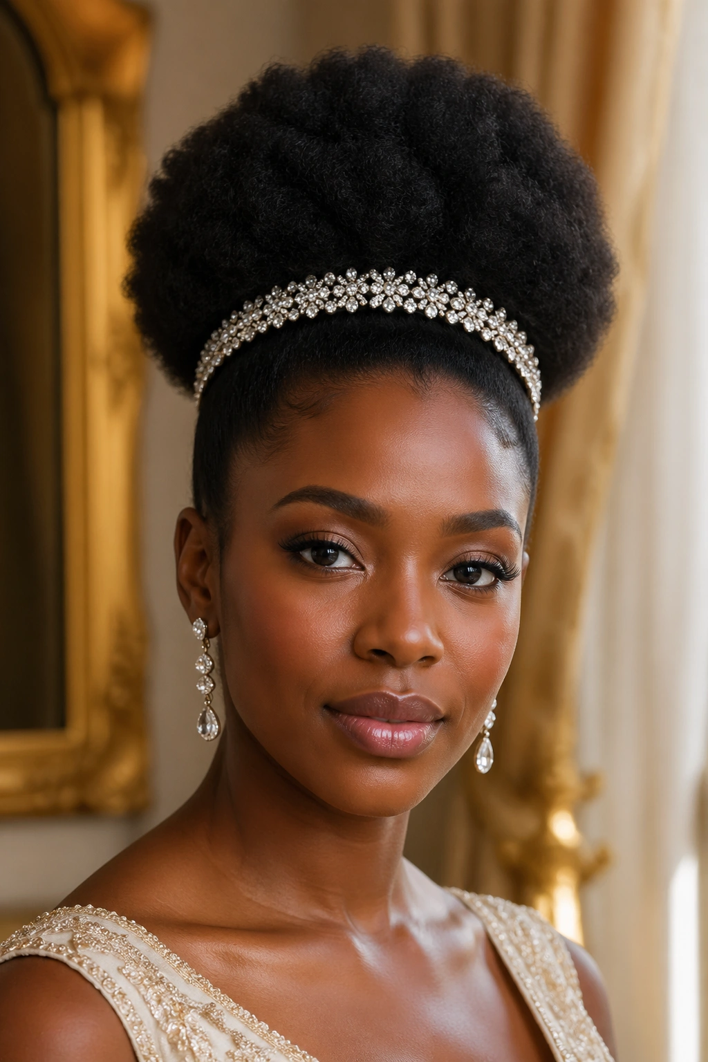Real woman with an Afro puff and jeweled headband in a regal setting