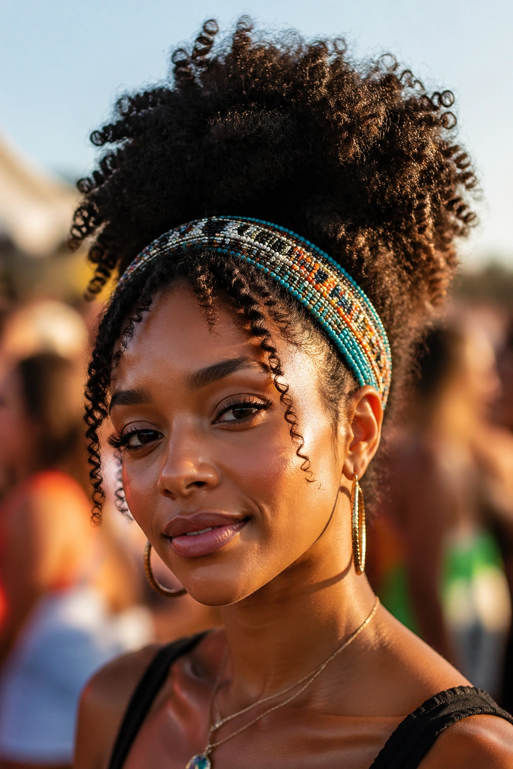 Close-up of a woman with a voluminous afro puff and wide headband at outdoor festival