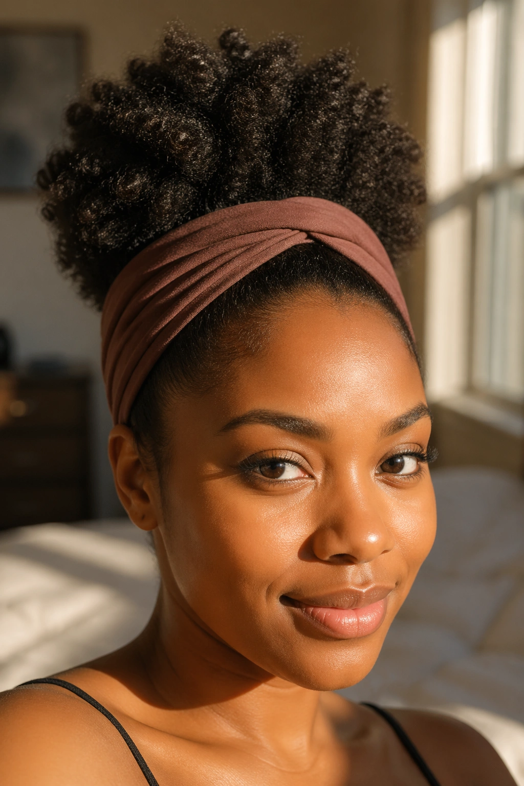 Close-up of a real person with a high afro puff and fabric headband in sunlit bedroom