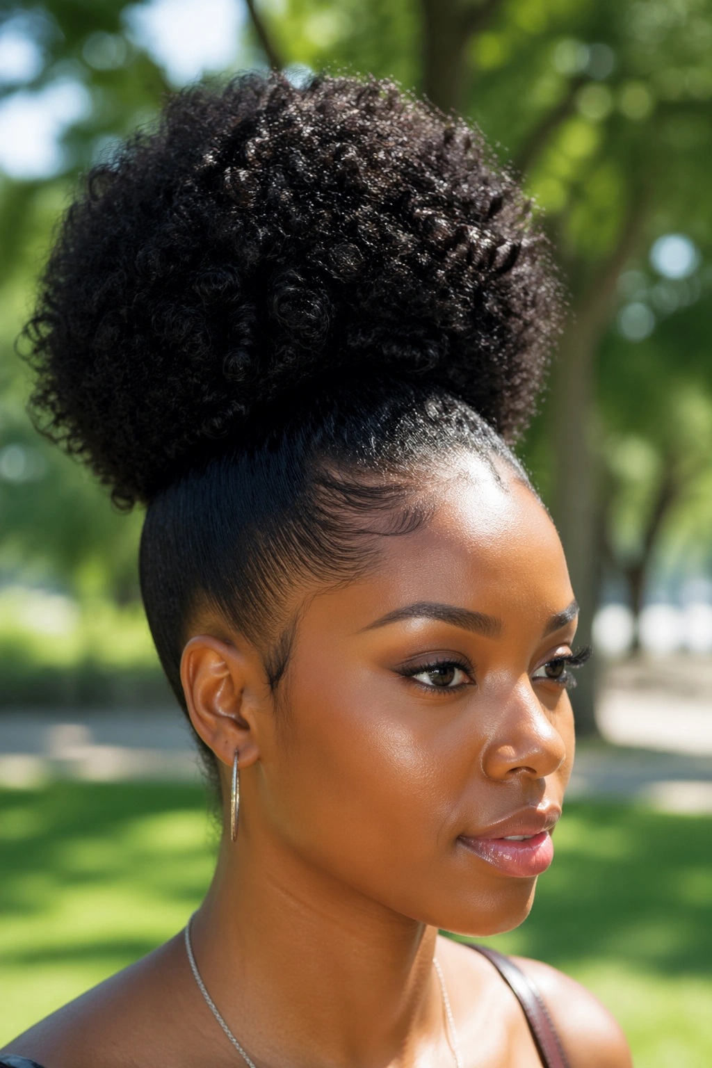 Close-up of a real woman with a voluminous Afro Puff high ponytail.