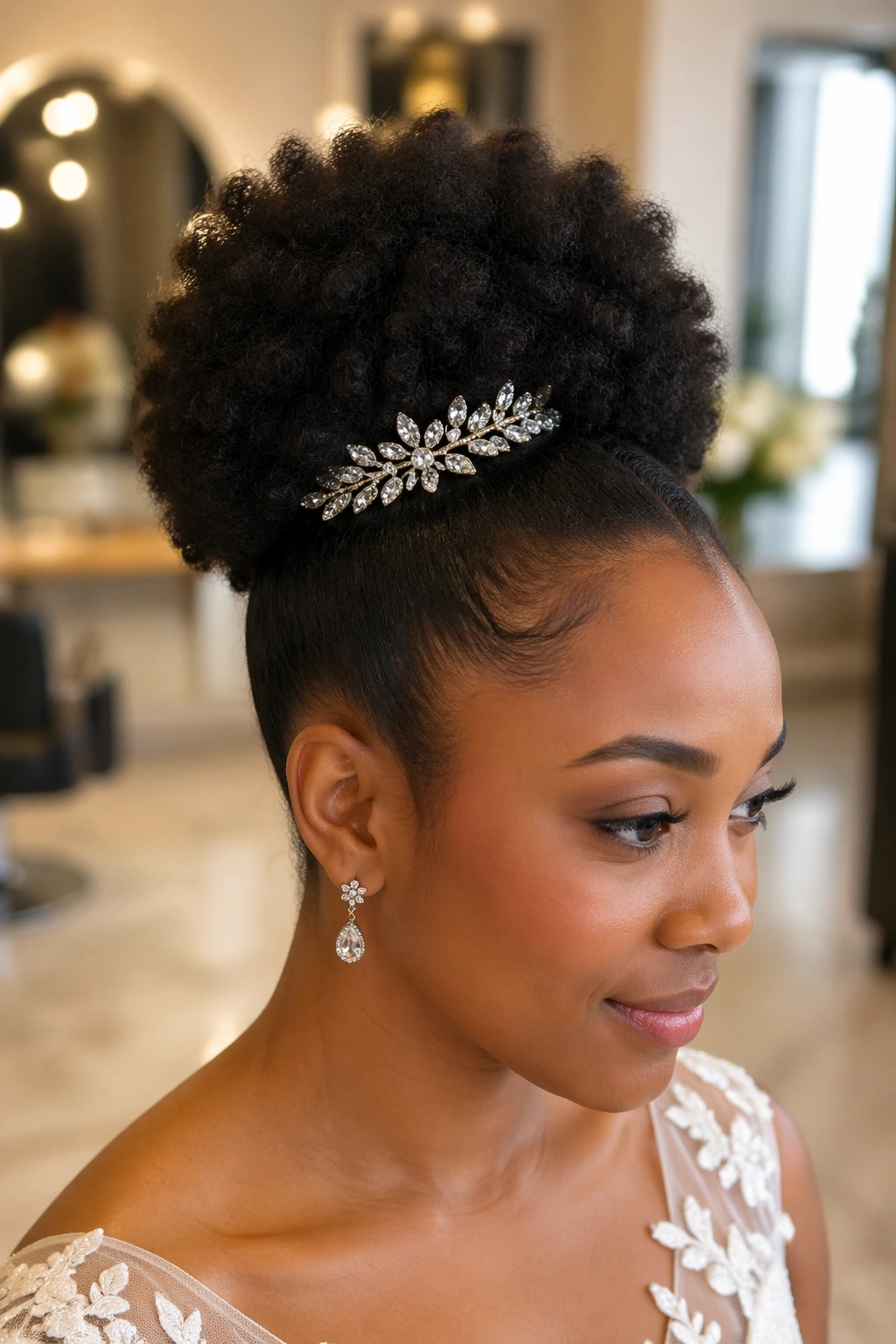 Close-up of an Afro Puff with a jeweled comb in bridal setting