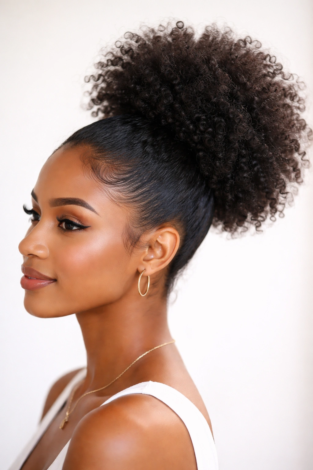 Fluffy afro puff ponytail with a large rounded puff.