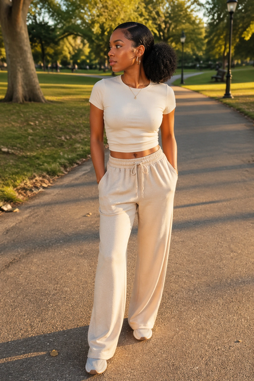 Afro puff with side part in park during golden hour.
