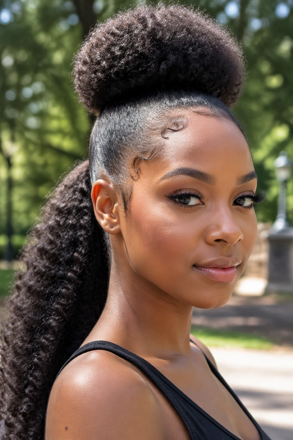 Close-up of a real person with an Afro puff ponytail and matching extension
