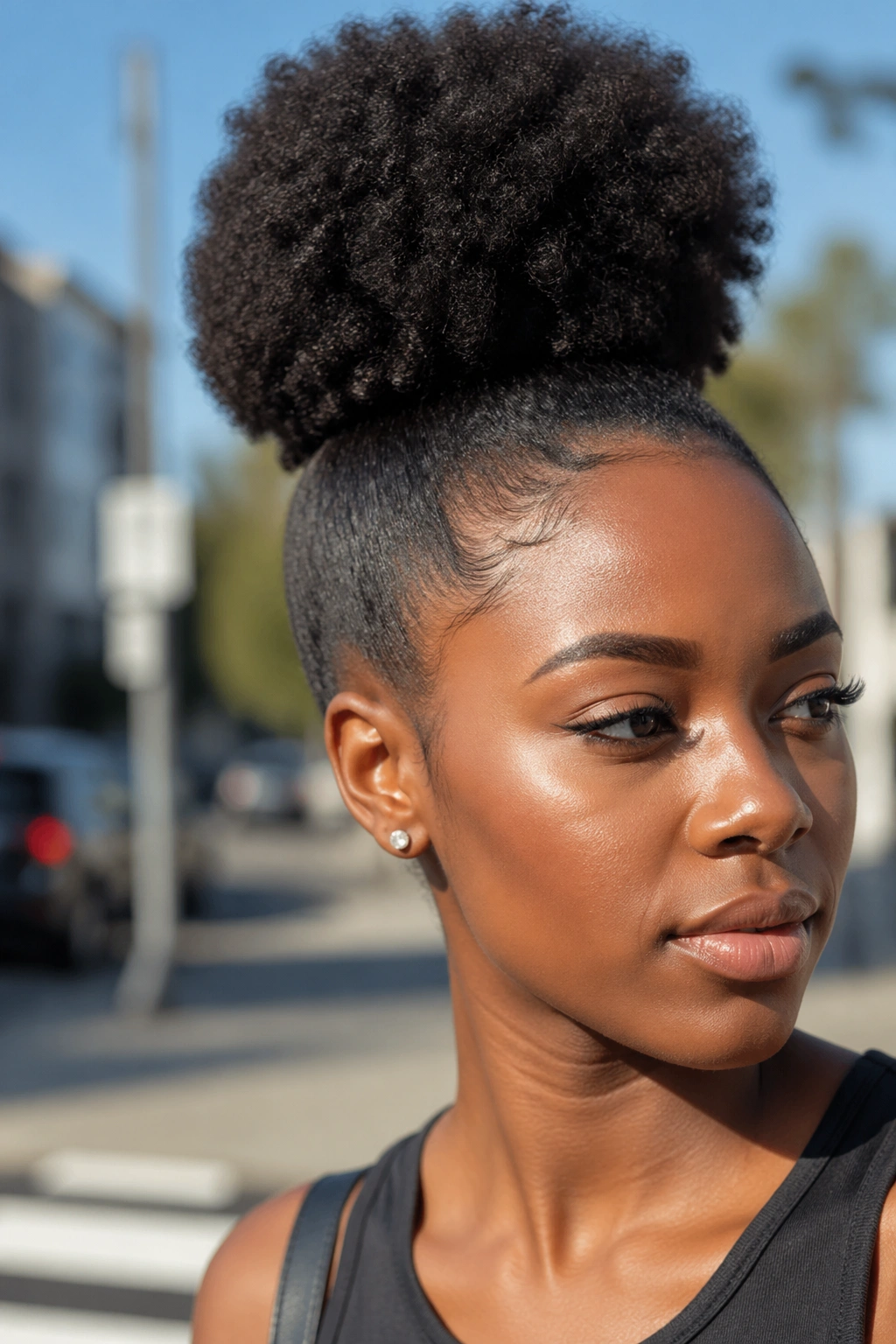 Close-up of a person with a large afro puff high ponytail.