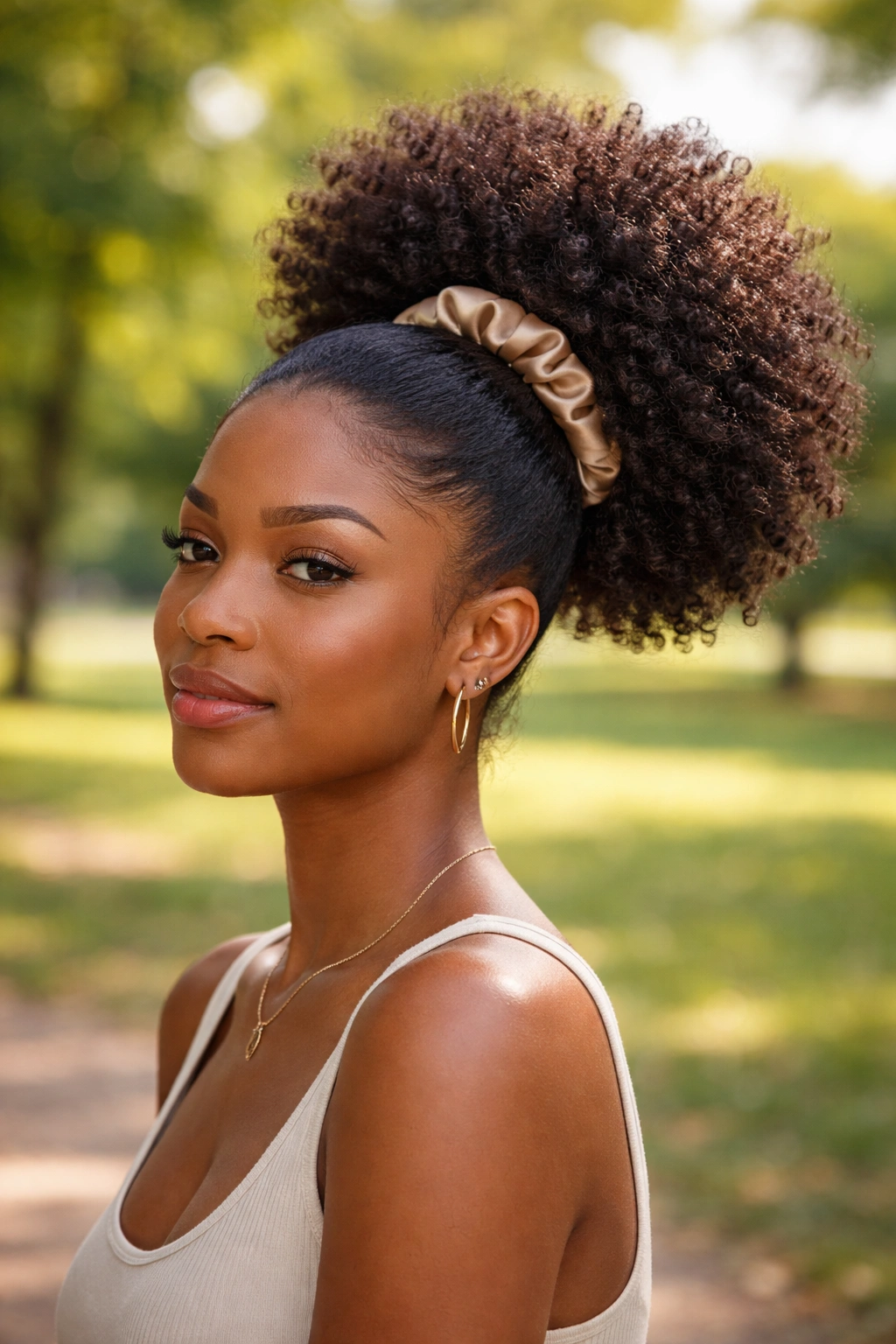 Close-up of a woman with a large afro puff ponytail in sunlight