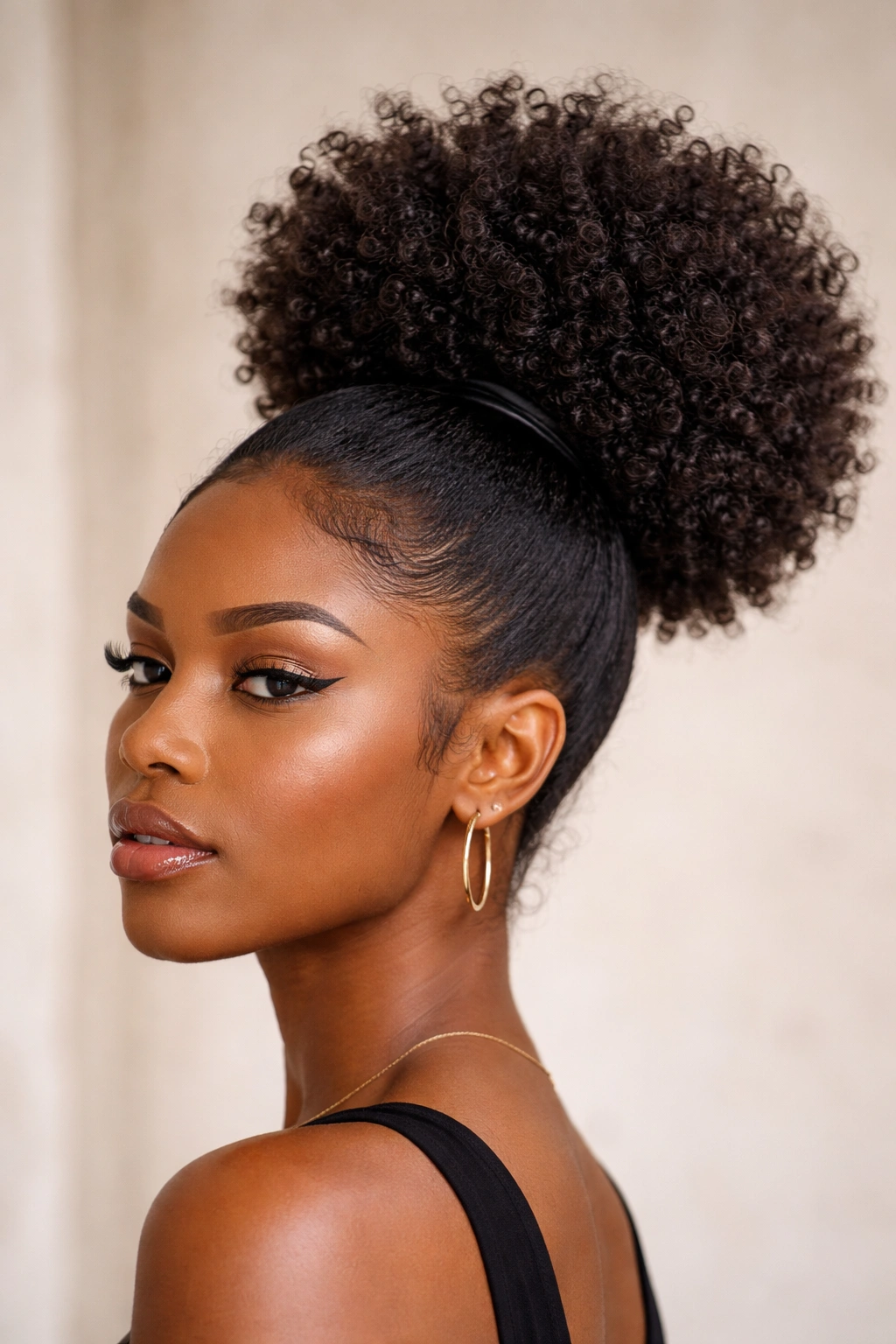 Close-up of a textured Afro Puff Ponytail with a rounded crown puff