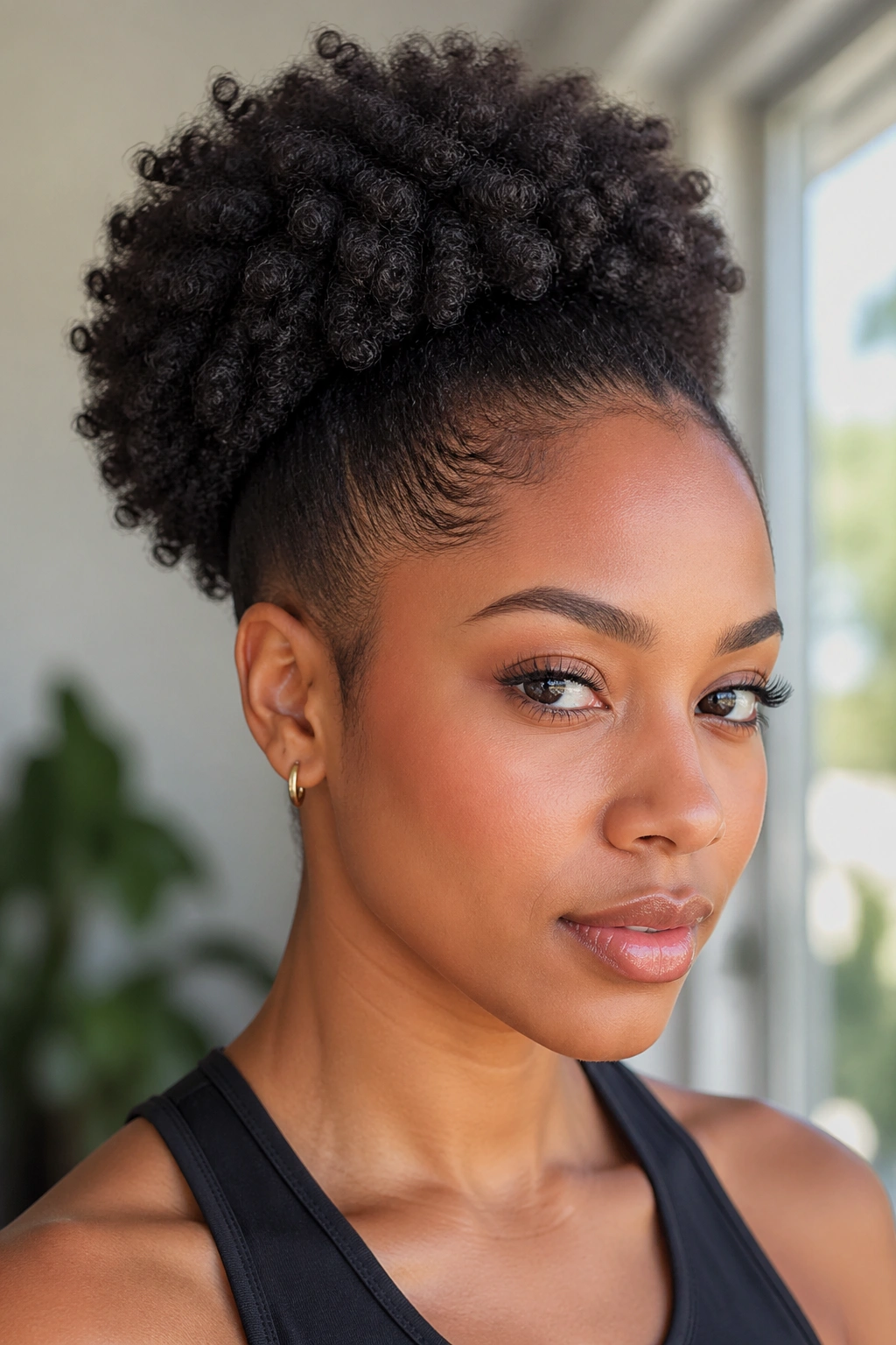 Close-up of a real Black woman with an afro puff ponytail with tapered edges