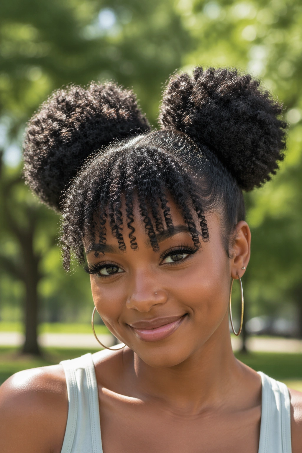 Real woman with afro puff twin ponytails and tapered bangs in a sunlit outdoor setting