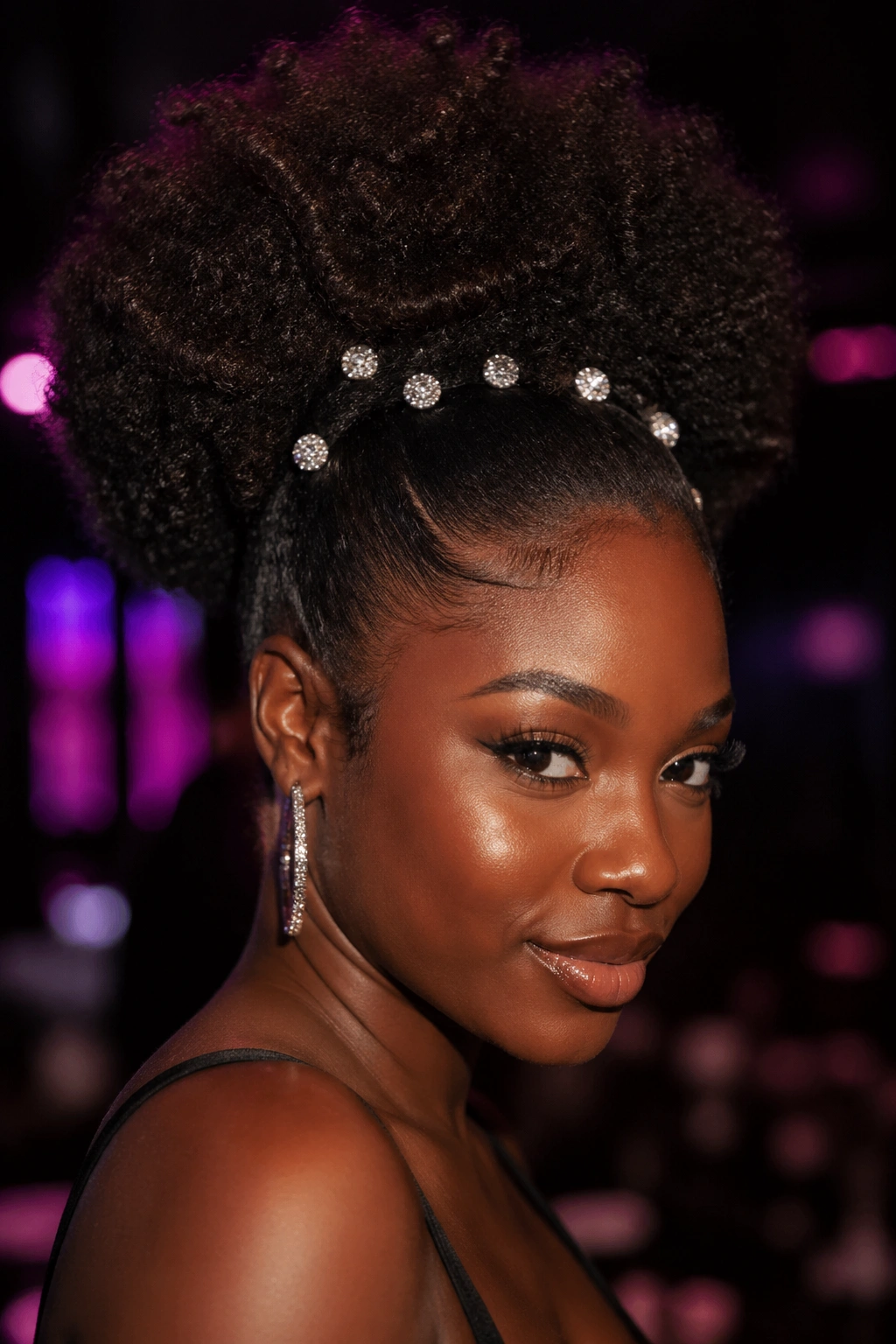 Close-up of a real person with a glam afro puff and rhinestone pins