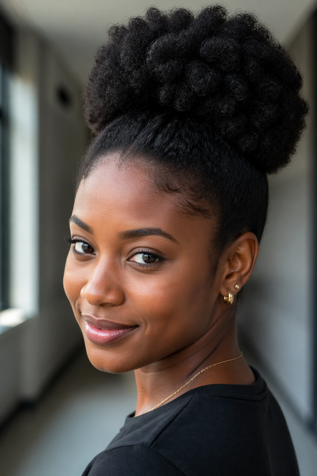Close-up of a person with a high Afro puff on short natural hair.