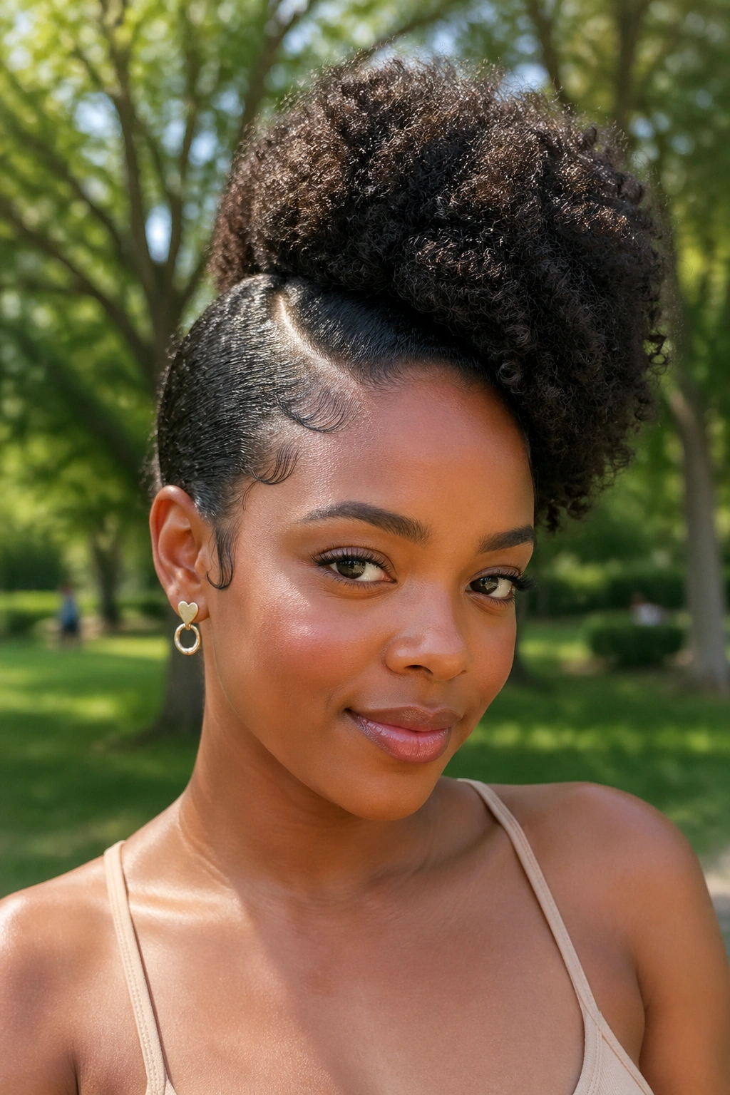 Close-up of a real person with an off-center afro puff and side part