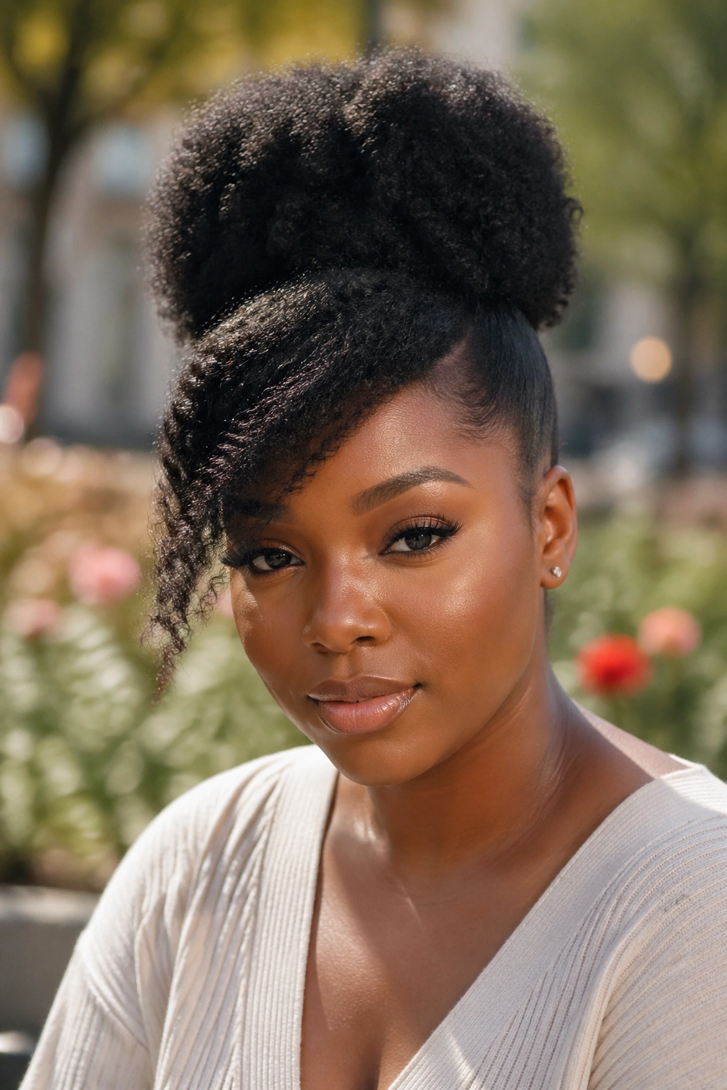 Close-up of real person with afro puff and side-swept fringe pinned behind the ear