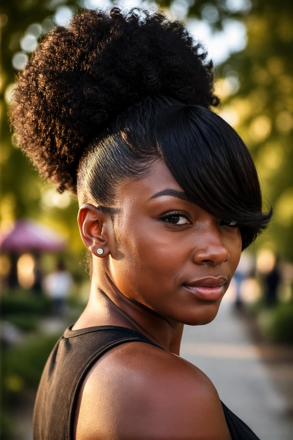 Close-up of a real Black woman with an Afro puff and dramatic side bang in golden hour light