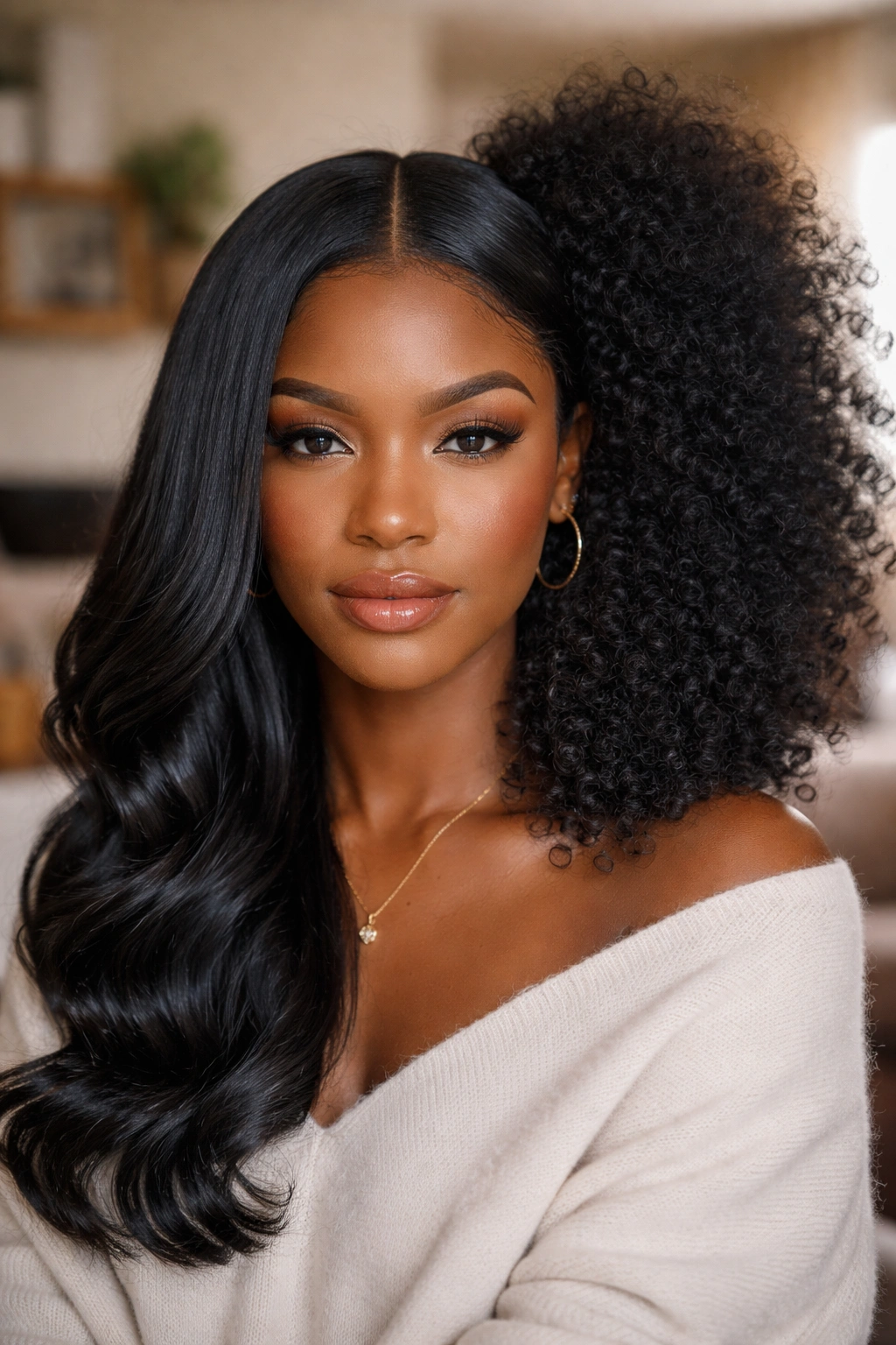 Close-up of a real woman showing pressed hair on one side and natural afro puff on the other